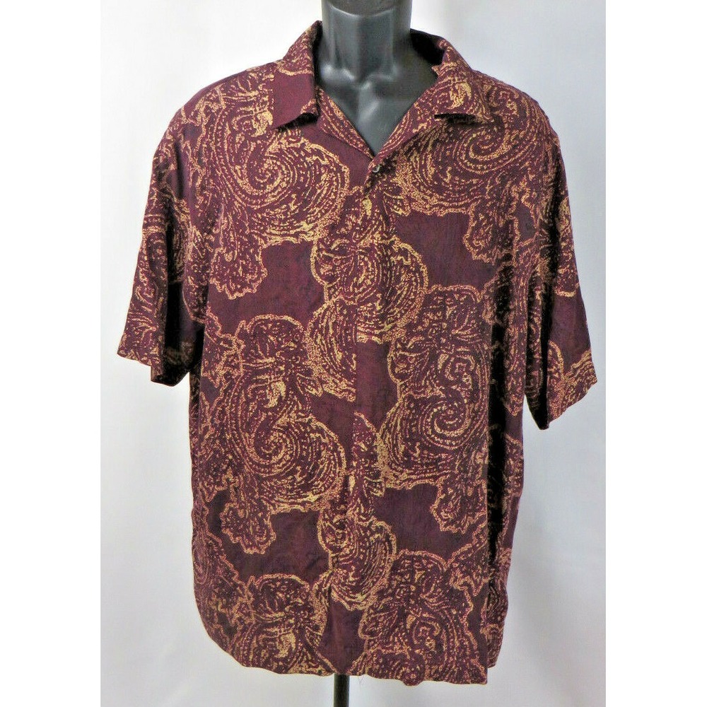 Mens Brandini Pure Silk Maroon Short Sleeve Button Up Shirt Colorful Size XL